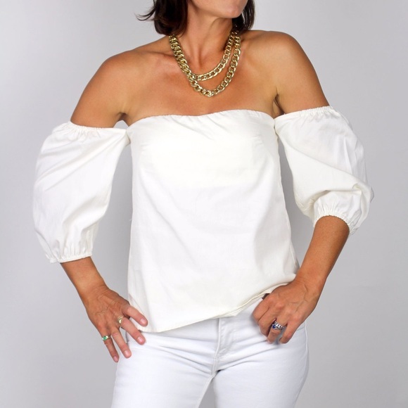 Theory LAUREEMA Off Shoulder BuildIn Bra Poplin White Top Ballon Puff Sleeve - Picture 5 of 16